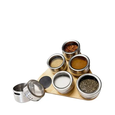 Set Of 6 Magnetic Spice Containers With Bamboo Storage Tray