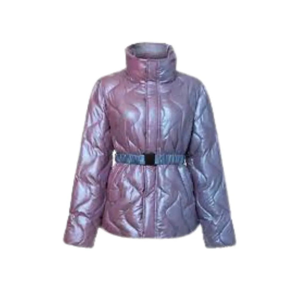 Unreal Fur Neon Puffer Jacket With Belt Soft Metallic Purple