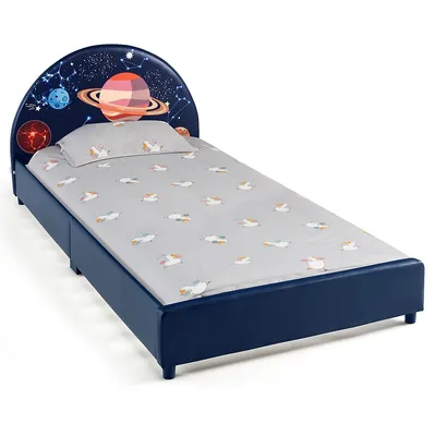 Kids Upholstered Platform Bed Children Twin Size Wooden Bed Galaxy Pattern