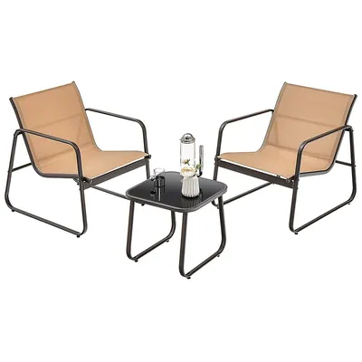 3 Pieces Patio Conversation Set Outdoor Metal Chair & Table Tempered Glass Top