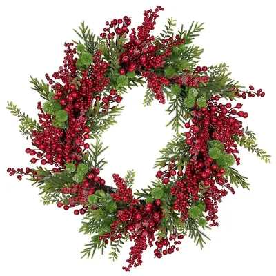 Artificial Frosted Red Berry And Pine Christmas Wreath, 28-inch, Unlit