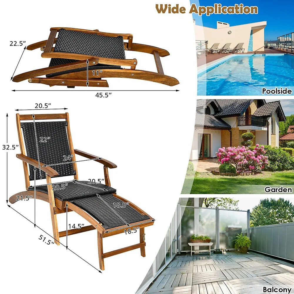 Costway Patio Folding Rattan Lounge Chair Wooden Frame W/ Retractable  Footrest