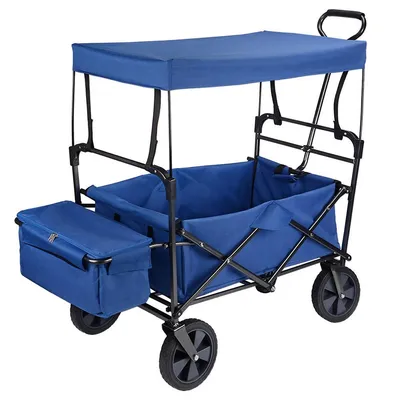 Garden Wheelbarrows Collapsible Wagon Folding Utility Outdoor Garden Cart with Canopy with 4 All Terrain Wheels Blue