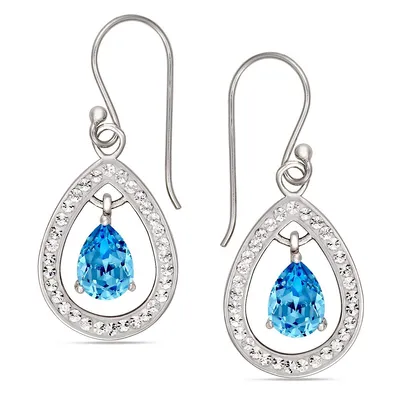 Sterling Silver Aqua Tear Drop Frame With Crystals Earring