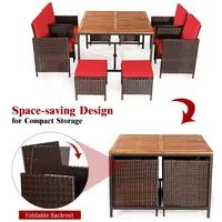 9pcs Patio Rattan Dining Set Cushioned Chairs Ottoman Wood Table Top Outdoor