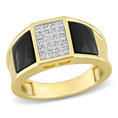 Men's Square Black Onyx And 1/10 Ct Tw Diamond Ring Yellow Plated Sterling Silver