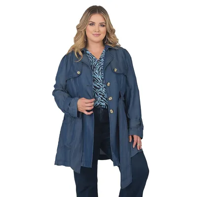 Women's Plus Dark Wash Tencel Denim Trench Coat