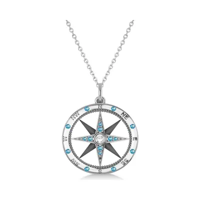 Compass Pendant Blue Topaz And Diamond Accented 14k White Gold (0.19ct)
