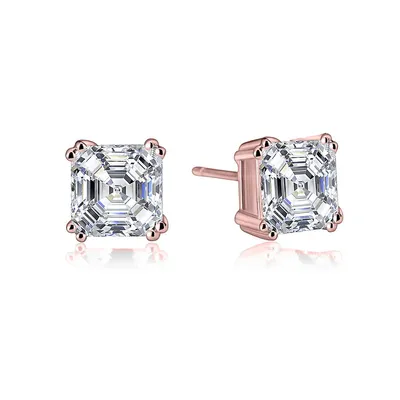Sterling Silver With Clear Cubic Zirconia Square Stud Earrings
