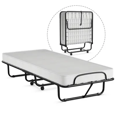 Rollaway Folding Metal Bed Memory Foam Mattress Cot Guest Made In Italy