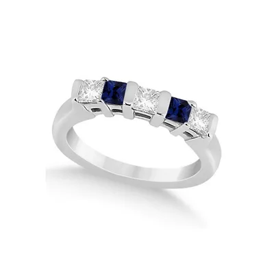 5 Stone Diamond And Blue Sapphire Princess Ring 14k White Gold 0.56ct