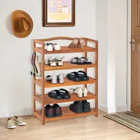 tier Wood Shoe Rack Solid Acacia Wood Shoe Shelf With Side Metal Hooks