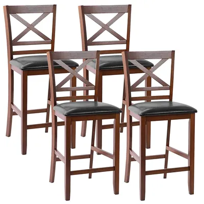 Set Of Bar Stools 25" Counter Height Chairs W/ Pu Leather Seat Walnut