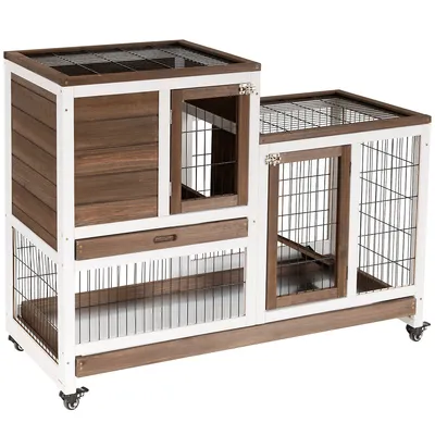 Indoor Rabbit Hutch Bunny Cage With Wheels Run Tray, Brown