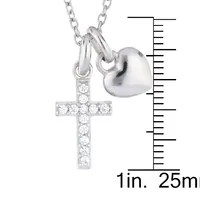 Sterling Silver 18" With Cross & Heart Charm & Faith Plaque Station Necklace