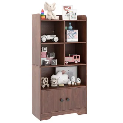 4-tier Bookshelf 2-door Storage Cabinet With4 Cubes Display Shelf For Home Office