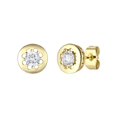 Teens 14k Yellow Gold Plated With Colored Cubic Zirconia Round Solitaire Bezel Stud Earrings