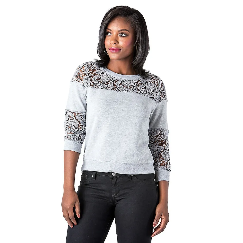 Poetic Justice Curvy Grey French Terry Knit Cluny Lace Sweatshirt