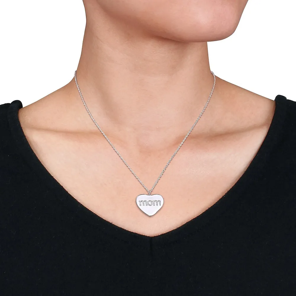 1/10 Ct Tw Diamond 'mom' Engraved Heart Necklace In Sterling Silver