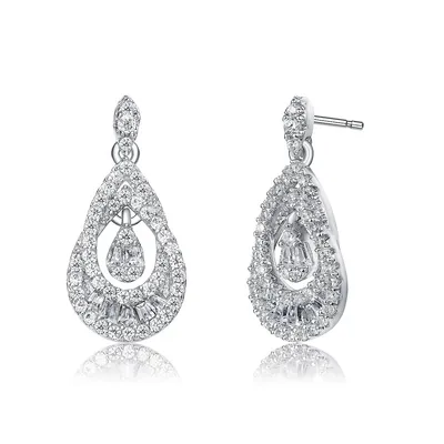 Sterling Silver White Gold Plating Cubic Zirconia Double Pear Drop Earrings