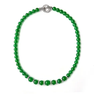 Green Chalcedony Jade Bead Silver Crystal Buckle Necklace