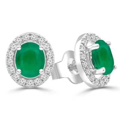 0.82 Ct Oval Green Emerald Halo Earrings 14k White Gold
