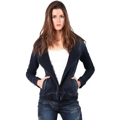 Modern Womens Denim Knit French Terry Zip Moto Jean Jacket