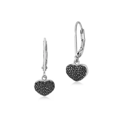 Sterling Silver 925 Pave Simulated Diamonds Puffy Heart Leverback Earrings Dangle