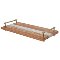 Acacia Wood & Marble Rect. Serving Tray W Gold Handles