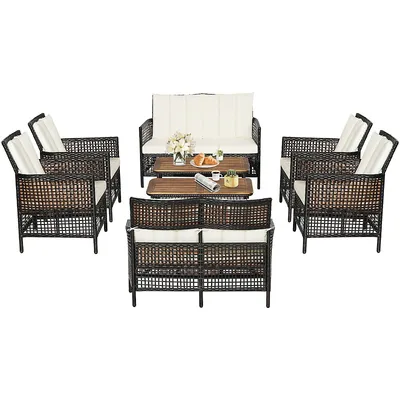 8pcs Patio Rattan Furniture Set Cushioned Chairs Wood Table Top W/shelf