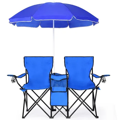 Costway Portable Folding Picnic Double Chair W/ Umbrella Table Cooler Beach Camping