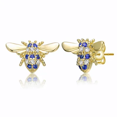 Sterling Silver 14k Yellow Gold Plated With Colored Cubic Zirconia Pave Wasp Stud Earrings