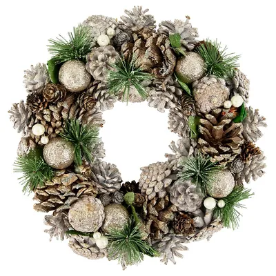 Green Pine Needle And Pinecone Artificial Christmas Wreath, 13.5-inch, Unlit