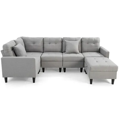 L-shaped Sectional Corner Sofa Set Living Room Furniture W/ Storage Ottoman Grey