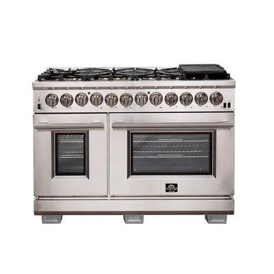 Capriasca 48-inch Dual Fuel Range All Stainless Steel with 8 Brass Burners, 160,000 BTU, 6.58 cu.ft. double ovens with Wok Support & Griddle - FFSGS6187-48