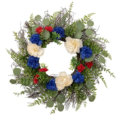 Americana Mixed Foliage And Florals Patriotic Wreath, 24-inch, Unlit