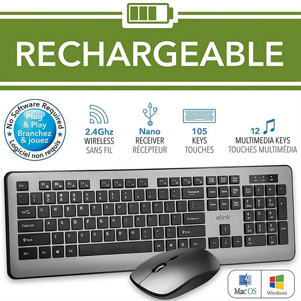 Wireless Keyboard And Mouse Set, Rechargeable, 2.4ghz