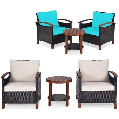 3pcs Patio Wicker Sofa Set Acacia Wood Frame With Beige &turquoise Cushion Covers