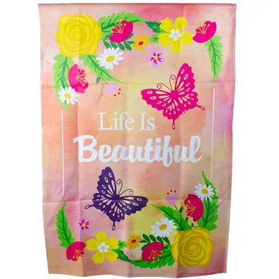 Life Is Beautiful Pink Floral Outdoor House Flag 28" X 40"