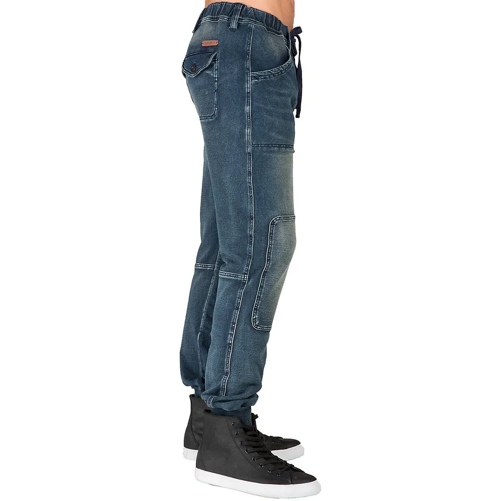 Men's Premium Knit Denim Jogger Jeans Indigo Hand Sanded Knee Patches