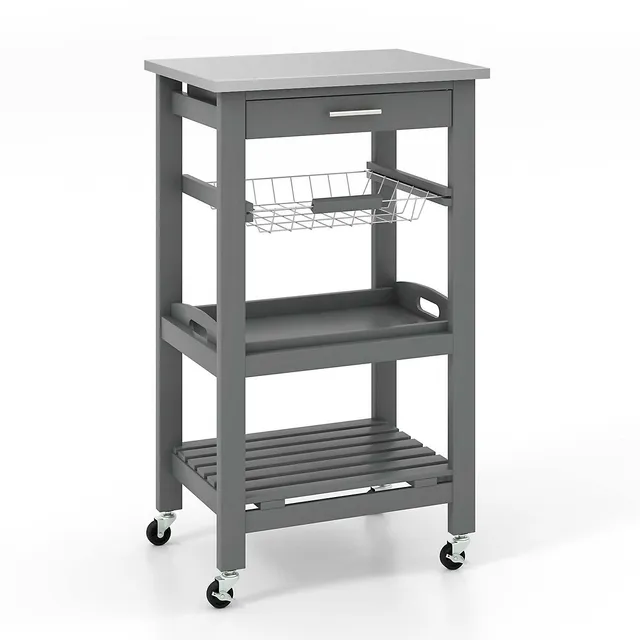 Costway Compact Kitchen Island Cart Rolling Service Trolley with Stainless  Steel Top Basket 