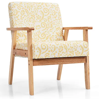 Modern Accent Armchair Upholstered Lounge Chair W/rubber Wood Leg Yellow Blue Floral