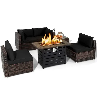 6pcs Patio Rattan Furniture Set 42" Fire Pit Table Cover Sofa Cushion Off White/black/navy/red/turquoise