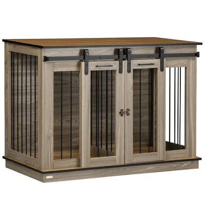 Dog Crate Furniture For L Dogs/ 2 S Dogs W/ Divider Oak