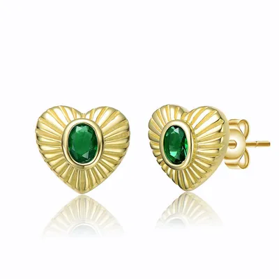 Sterling Silver 14k Yellow Gold Plated With Emerald Cubic Zirconia Sunray Heart Stud Earrings