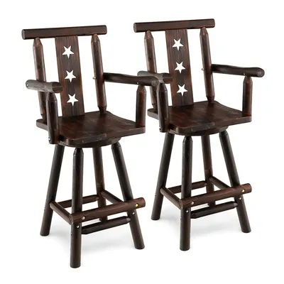 Set Of 2 Wooden Bar Stools Swivel Bar Height Kitchen Patio Chairs With Armrest
