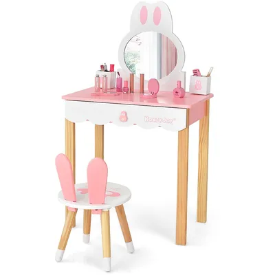 Kids Vanity Set Rabbit Makeup Dressing Table Chair W/ Mirror Drawer Whitepink