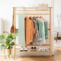 2-tier Bamboo Garment Rack Clothing Storage Organizer Coat Hanger W/ Rod & Hooks