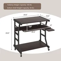 29.5" Mobile Computer Desk Rolling Laptop Cart With Pull-out Keyboard Tray & Shelf