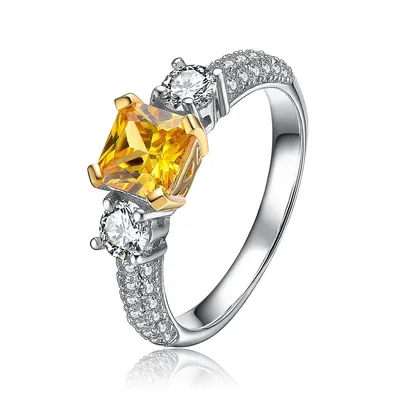 Sterling Silver White Gold Plating With Yellow Cubic Zirconia Halo Ring
